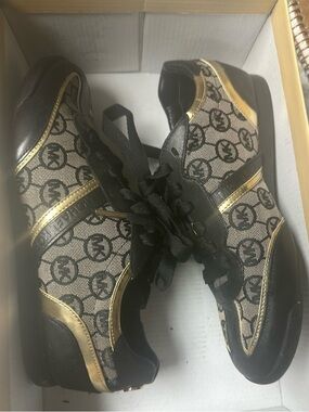 Michael Kors Black and Gold Monogram Lace-Up Sneakers